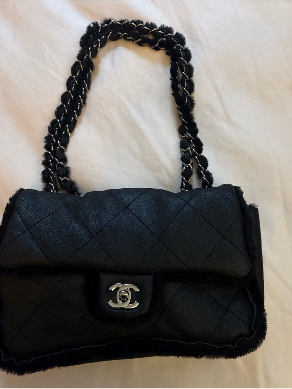 CHANEL Black Quilted Lambskin & Shearling Adjustable Straps